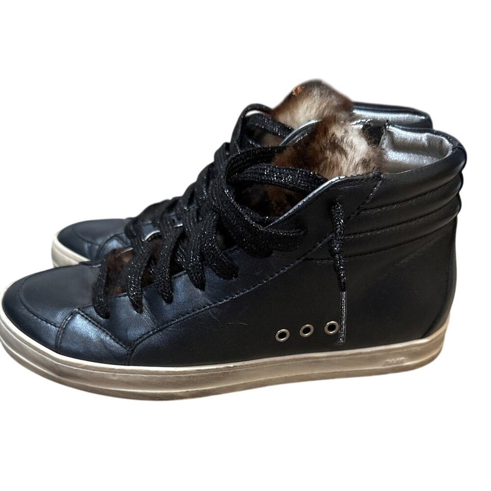 P448 Skate High Top Sneakers Size 7 Black Leather Faux Fur Skate Shoes Italy